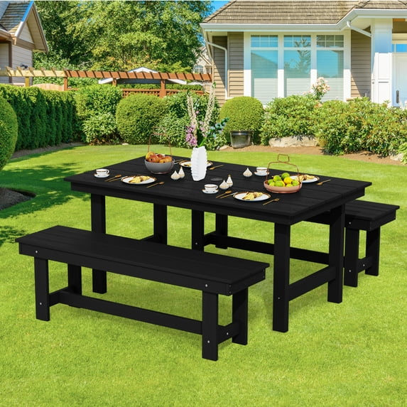 JUSTLET 3 Pieces Patio Furniture Set, HDPE Outdoor Dining Table Set with 2 Benches, Durable and Weather-Resistant for Patio, Garden and Balcony Use, Black