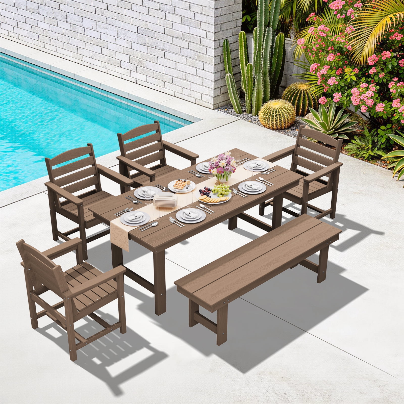 LOYALICE 6 Pieces Patio Furniture Set, HDPE Outdoor Dining Table Set with 1 Bench, 4 Chairs, Durable and Weather-Resistant for Patio, Garden and Balcony Use, Brown