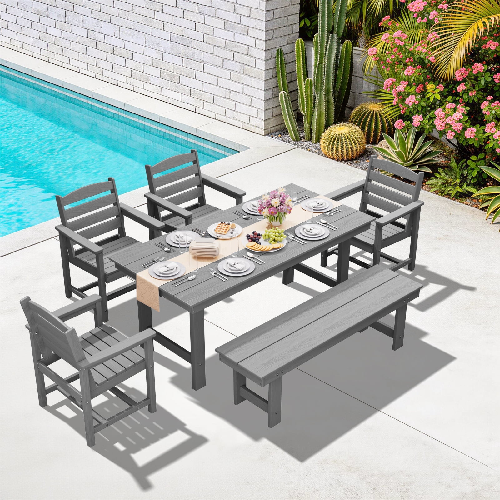 LOYALICE 6 Pieces Patio Furniture Set, HDPE Outdoor Dining Table Set with 1 Bench, 4 Chairs, Durable and Weather-Resistant for Patio, Garden and Balcony Use, Gray