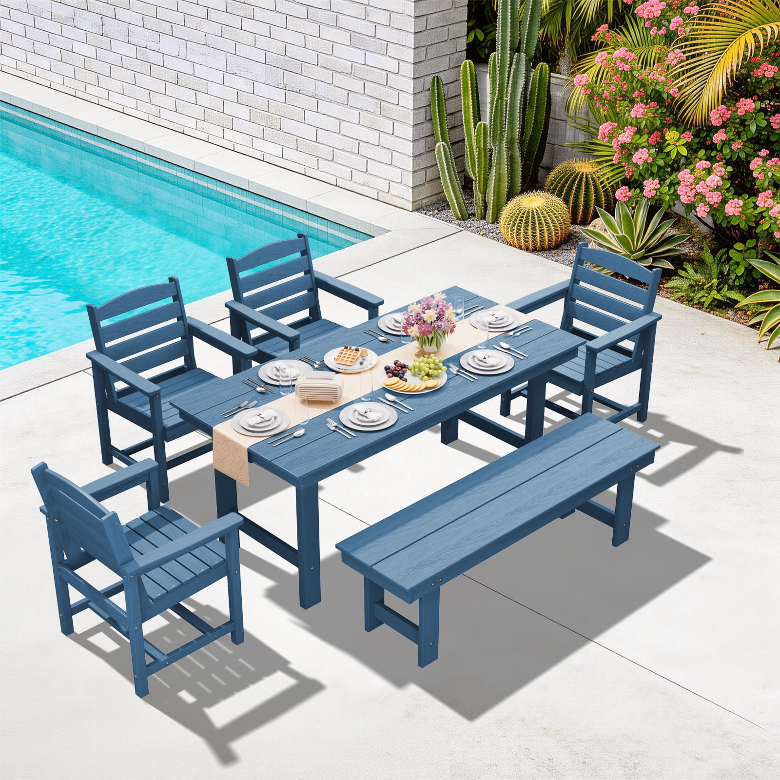 LOYALICE 6 Pieces Patio Furniture Set, HDPE Outdoor Dining Table Set with 1 Bench, 4 Chairs, Durable and Weather-Resistant for Patio, Garden and Balcony Use, Navy Blue