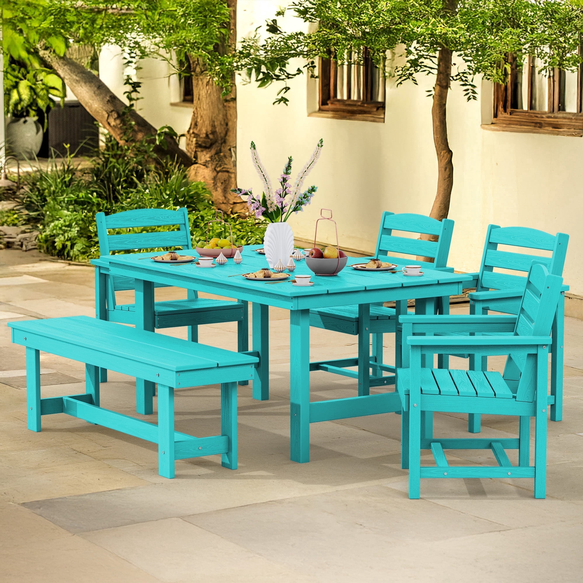 LOYALICE 6 Pieces Patio Furniture Set, HDPE Outdoor Dining Table Set with 1 Bench, 4 Chairs, Durable and Weather-Resistant for Patio, Garden and Balcony Use, Turquoise