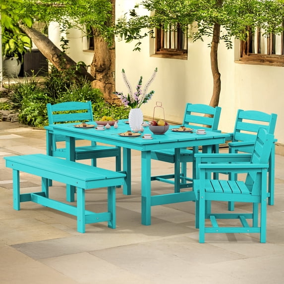 LOYALICE 6 Pieces Patio Furniture Set, HDPE Outdoor Dining Table Set with 1 Bench, 4 Chairs, Durable and Weather-Resistant for Patio, Garden and Balcony Use, Turquoise
