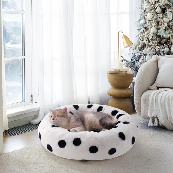 MEWOOFUN Donut Cat Bed - 23 Inch Round Plush Pet Bed, Non-Slip Bottom, Washable Fluffy Bed for Small Dogs & Indoor Cats, Black Dot