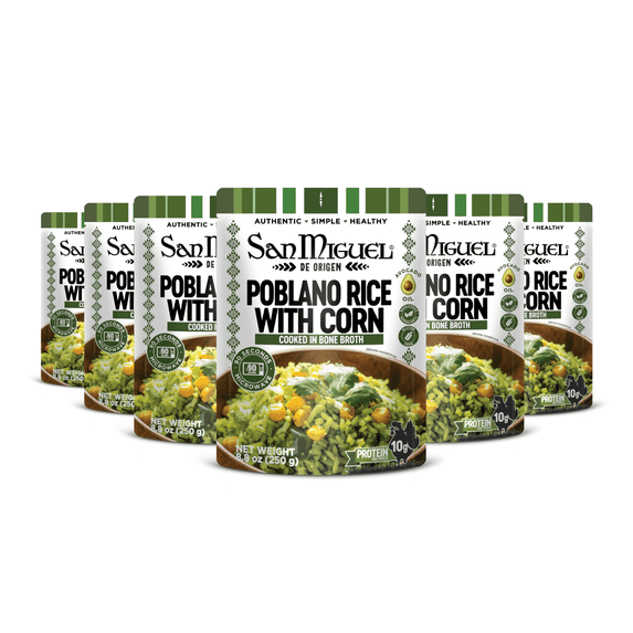 Mexican Poblano Rice with Corn with Bone Broth, Ready to Serve Rice Pouches, Microwaveable Instant Rice, Heat and Eat Rice, Pack of 6