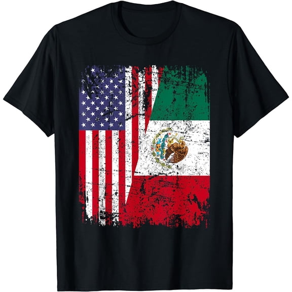 MEXICAN ROOTS | Half American Flag | MEXICO T-Shirt Black Small