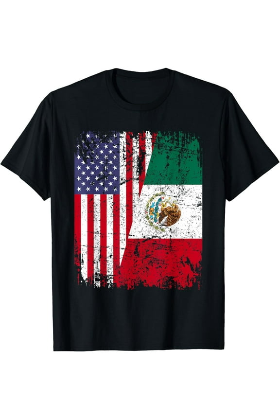 MEXICAN ROOTS | Half American Flag | MEXICO T-Shirt men and women can wear, black, white, gifts