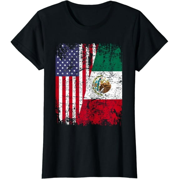 MEXICAN ROOTS Half American Flag MEXICO T-Shirt