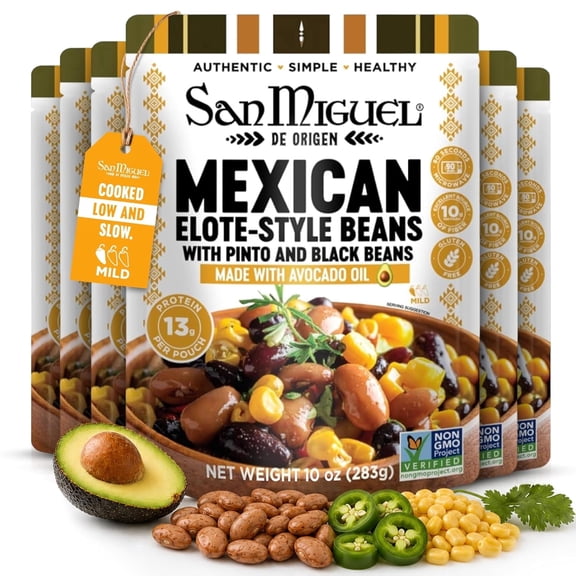 Mexican Street Corn Whole Pinto and Black Beans, Ready to Serve Bean Pouches, Microwaveable Mexican Style Beans, Heat and Eat Beans, Pack of 6