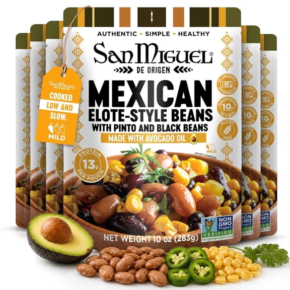 Mexican Street Corn Whole Pinto and Black Beans, Ready to Serve Bean Pouches, Microwaveable Mexican Style Beans, Heat and Eat Beans, Pack of 6