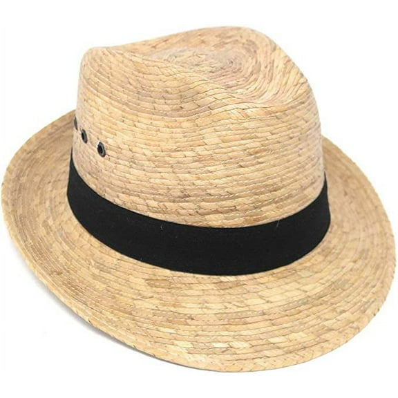 MEXIMART Mexican Palm Leaf Straw Wide Brim Fedora Hat, Black Hatband w/Grommets