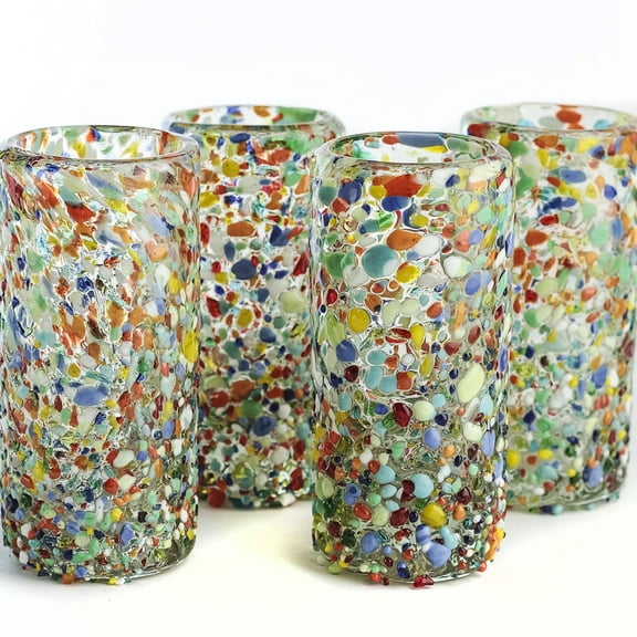 MEXTEQUIL 2 oz Hand Blown Confetti Pattern Shot Glasses, Set of 4