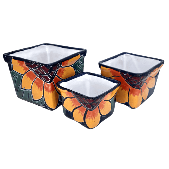 "MEXTEQUIL Talavera Ceramic Hand-Painted Small Plant Potters for Succulents, Set of 3 (2.8"" Sunflower)"