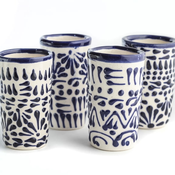 MEXTEQUIL Talavera Blue Ceramic Mexican Tequila Shot Glasses, 2 oz, Set of 4