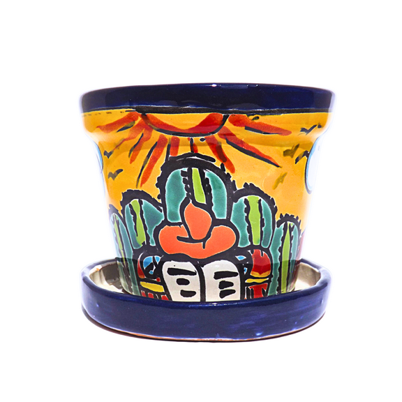 MEXTEQUIL Small Hand-Painted Yellow Ceramic Pottery Plant Pot with Drainage Holes for Succulents, Talavera Design