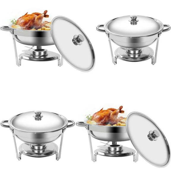 MEXUEER Chafing Dish Buffet Set, 4 Pack 5Qt Round Buffet Chafe Warmer Set, Stainless Steel Chafing Dish Buffet Food Warmer with Lid & Holder