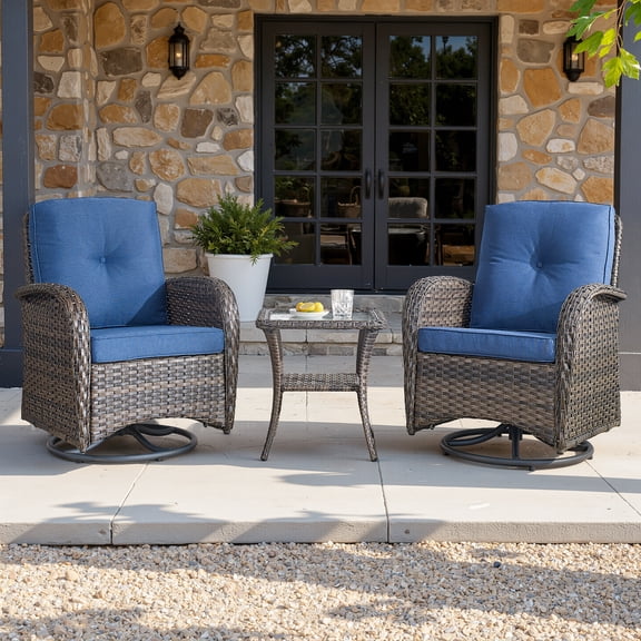 OPOHORO 3-Piece Powder Coated Steel Outdoor Bistro Sets with 2 Swivel Rocking Chairs and Glass Top Side Table for Porch Backyard, Brown/Blue