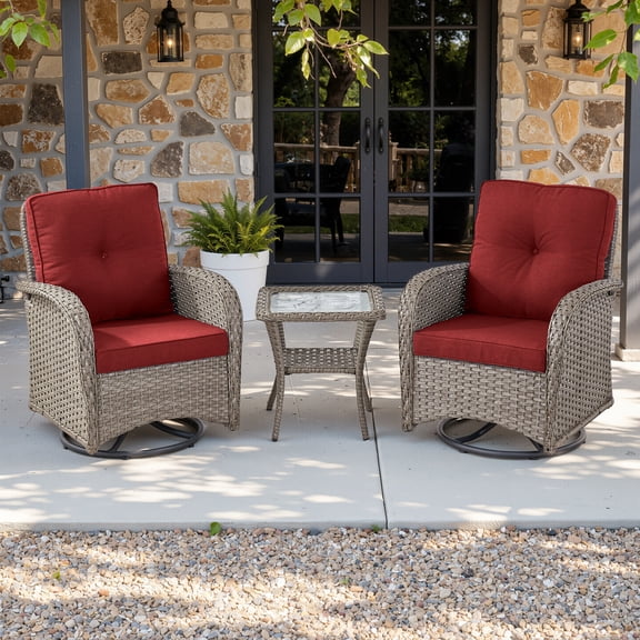 OPOHORO 3-Piece Powder Coated Steel Outdoor Bistro Sets with 2 Swivel Rocking Chairs and Glass Top Side Table for Porch Backyard, Gray/Red