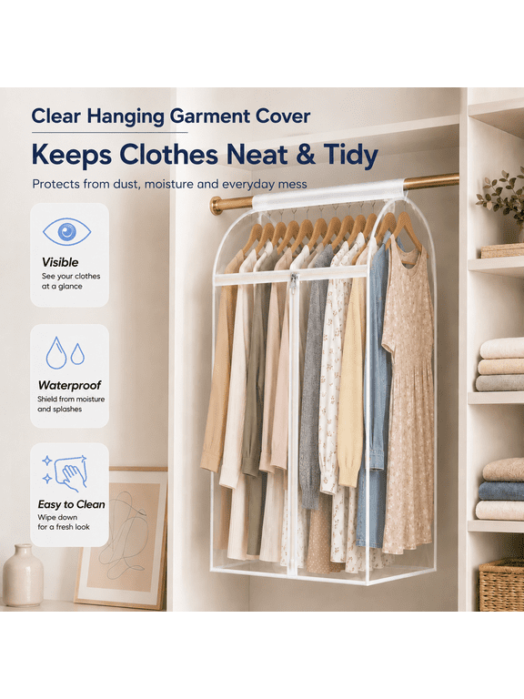 35" Hanging Garment Bag for Closet Storage, Large Clear Clothes Storage Cover with 3-Way Zipper, Coat Protector for Suits, Jackets & Shirts