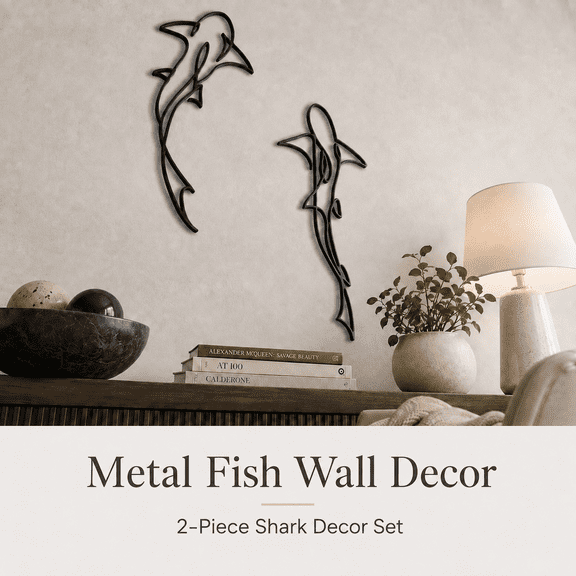 MEYRKLOE Set of 2 Metal Shark Wall Art, Black Nautical Wall Decor, Abstract Ocean Animal Sculpture for Bathroom, Bedroom and Living Room
