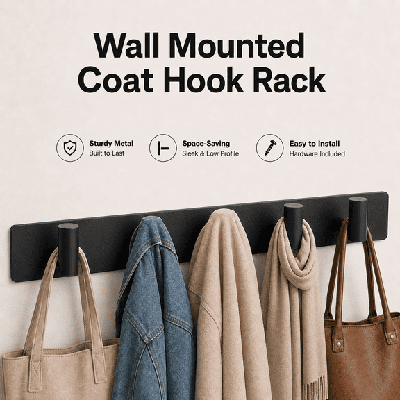 MEYRKLOE Wall Mounted Coat Rack, 5 T-Shaped Heavy Duty Hooks for Jackets Backpacks Towels, Stainless Steel, Black, 16.5 in, Entryway