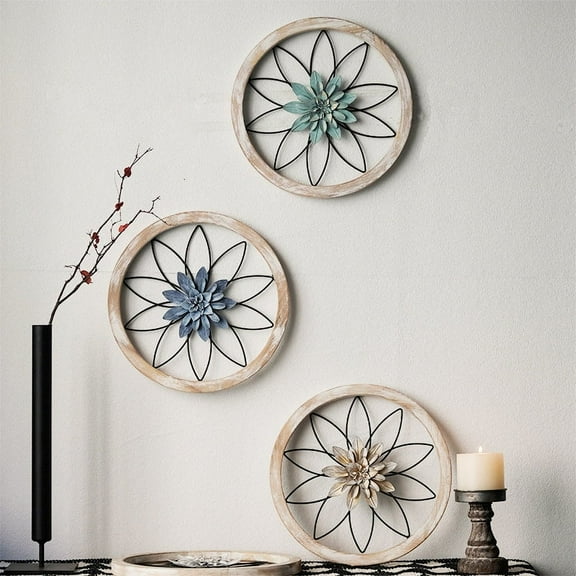 MEYSE 3pcs Round Farmhouse Wall Decor 11.81'' Wood & Metal Rustic Wall Art for Living Room Bedroom Kitchen Bathroom Dining Room Home Decorations(Green+Blue+Gold)