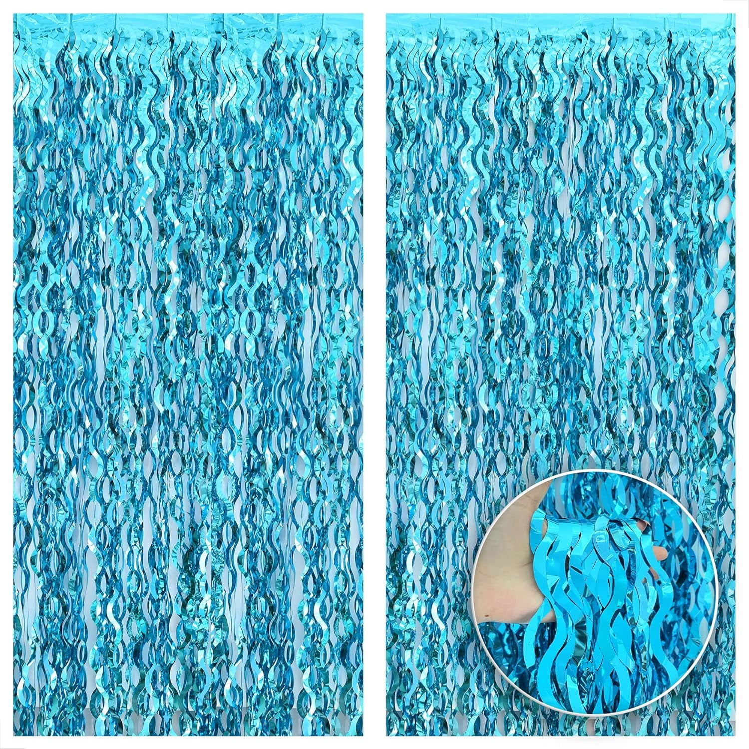 MEYSIMOON 2 Pack Wavy Blue Foil Fringe Curtain - 3.2x6.5 Feet Blue Water Beach Backdrop for Beach Party Decorations | Under The Sea Party Decorations | Summer Pool Party Decorations