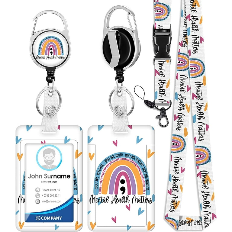 Mezoom Badge Holder with Lanyard and Retractable Badge Reel Clip, Rainbow Mental Health Matters Card Name Tag Lanyard Vertical ID Protector Bage Clips