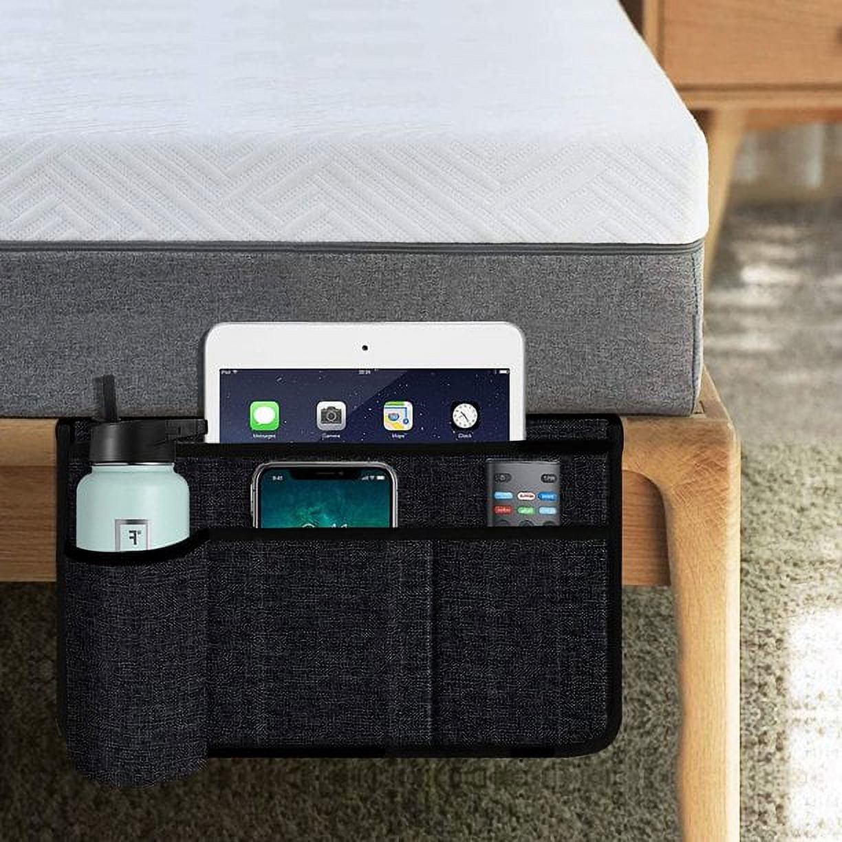 MEZOOM Linen Bedside Storage Organizer 4 Pockets Bedside Caddy Remote Control Holder for Bed