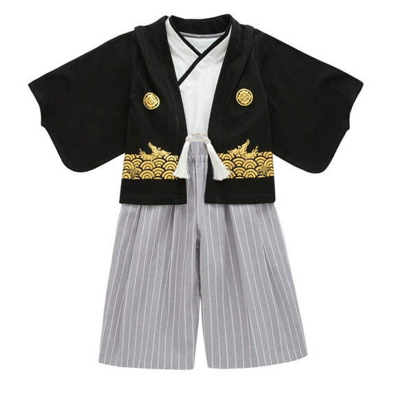 MEZZALL 1 Set Kimono Traditional Clothing Clothes Traditional Kimono Boys Outfits Fabric Black, White, 3-4 Years