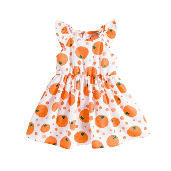 MEZZALL 2025 Summer New Girls Baby Fruit Print Dress Sundress Sweet Party Outfits Toddler Sleeveless Dress Sundress With Bow Casual Playwear For Infant & Toddler Girls, Orange, 18-24 Months