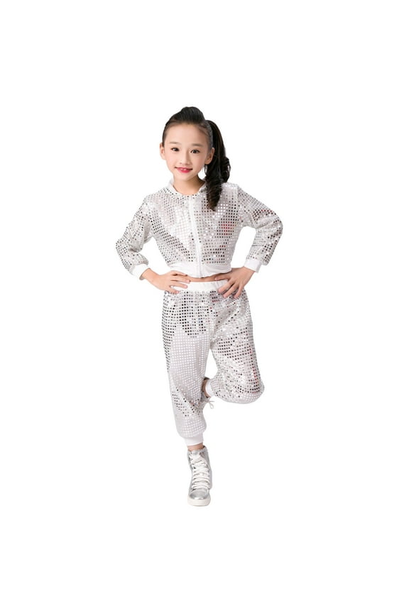 MEZZALL 2Pcs Girls Dance Outfits Cropped Sequin Jacket Pants Set, Kids Hop Dance for 80s 90s Party 2-12 Years