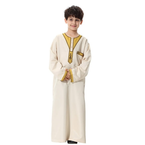 MEZZALL Arabic Thobe Retro Thobe Long Sleeve Kaftan Crew Robe National Clothes Teenage Boys Long Sleeve Embroidered Robe Set Arab Children Wear Robe Breathable, 3-4 Years