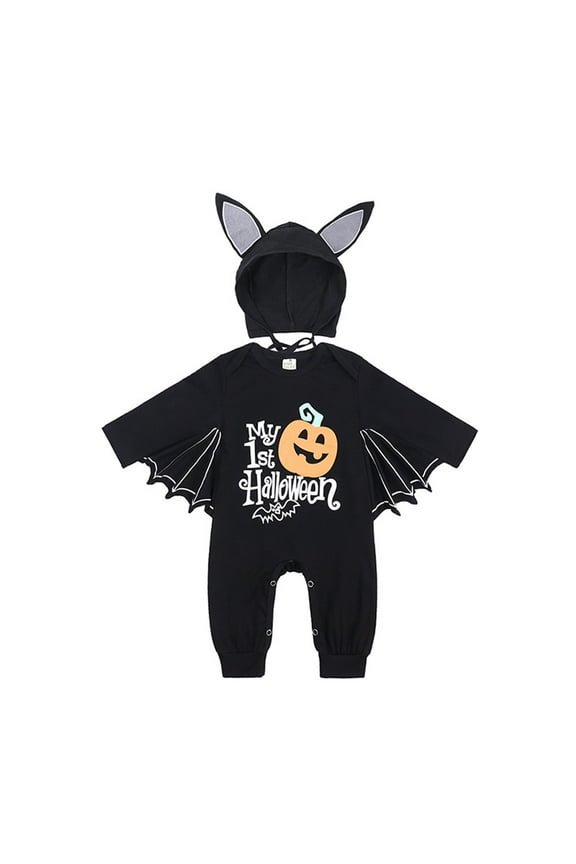 Baby Bat My 1st Halloween Outfits O-neck Baby Boy Girl Black Bat Long Sleeve Pumpkin Romper Jumpsuit O-neck With Hats Infants Toddler Festival Clothes Lovely / 6-12 Months