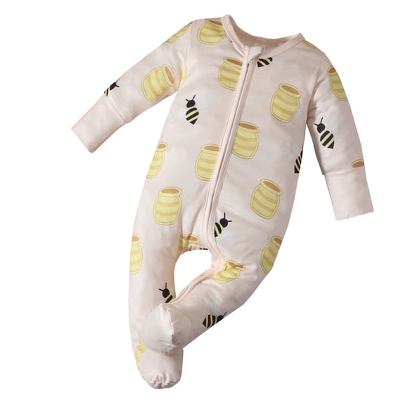 MEZZALL Baby Bee Honey Jar Print Footed Zipper Jumpsuit Long Sleeve Full Zip Footed Romper Soft Sleep Onesie