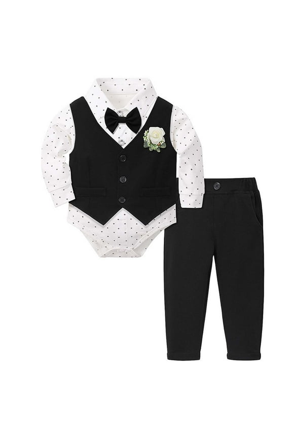 Baby Boy Clothes Suits Tuxedo Gentleman Outfits Formal Dress Sundress Shirt+Vest+Pants Baby Suit Sets, Black, 12-18 Months