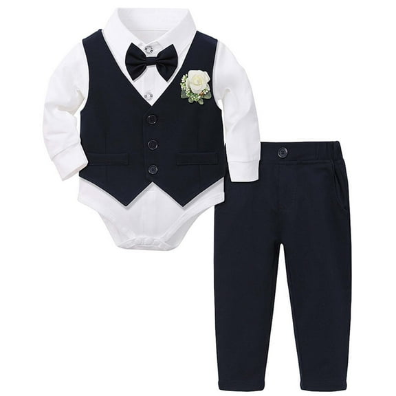 MEZZALL Baby Boy Clothes Suits Tuxedo Gentleman Outfits Formal Dress Sundress Shirt Vest Pants Baby Suit Sets, Navy, 3-6 Months