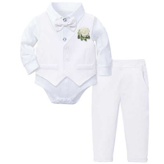 MEZZALL Baby Boy Clothes Suits Tuxedo Gentleman Outfits Formal Dress Shirt Vest Pants Baby Suit Sets Cozy Dailywear, White, 3-6 Months
