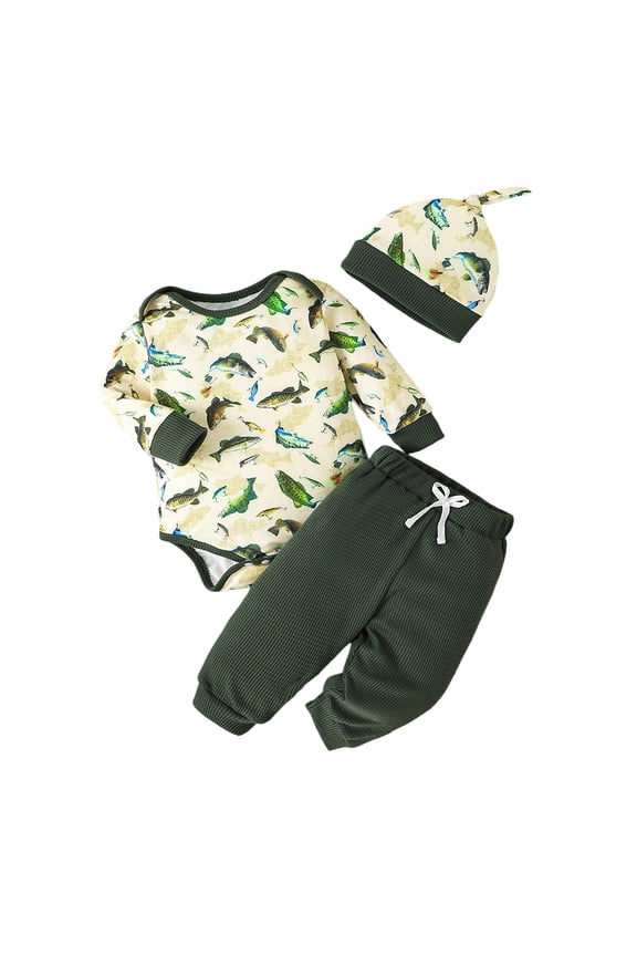 Baby Boy Outfit Sets Long Sleeve Bodysuit With Pants Hats Playsuit Cute Cartoon Fish Print O-Neck Three Piece Casual Soft Onesie For Toddler