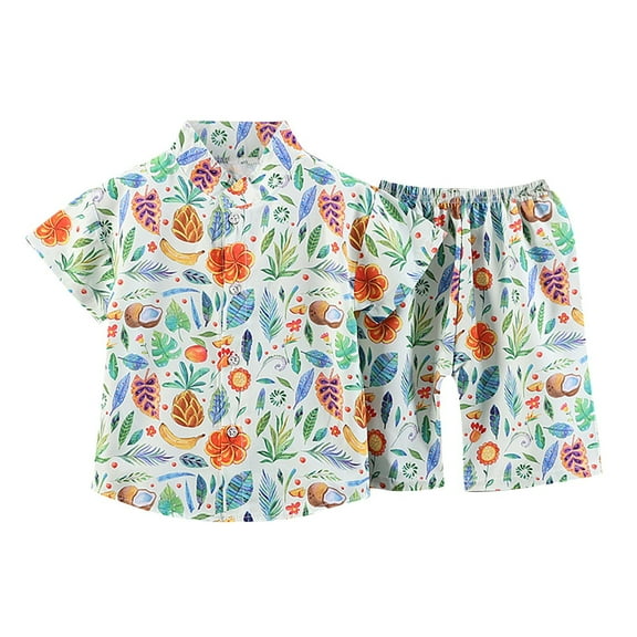 MEZZALL Baby Boy Tropical Print Outfits Short Sleeve Button Down Shirt Swim Shorts Summer Set Casual Toddler Boy Beach, White, 18-24 Months
