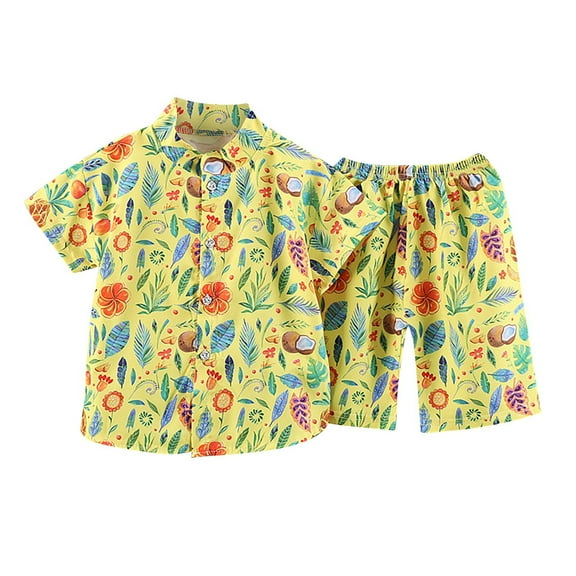 MEZZALL Baby Boy Tropical Print Outfits Short Sleeve Button Down Shirt Swim Shorts Summer Set Casual Toddler Boy Beach, Yellow, 0-3 Months