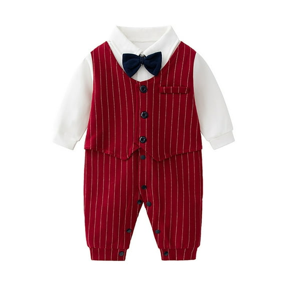 MEZZALL Baby Boys Gentleman Romper Jumpsuit O-neck Long Sleeve Bowtie Outfits Formal Wear Tuxedo Suit Infants Toddler Dailywear Trendy / 12-18 Months