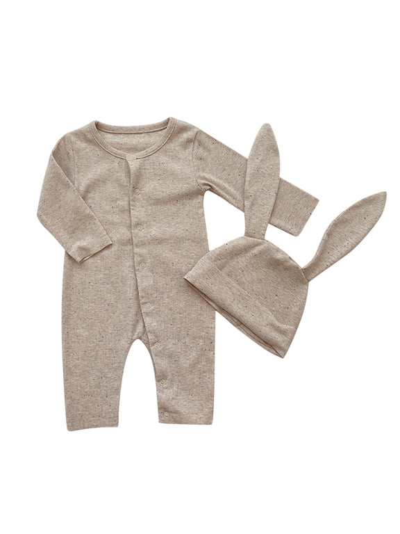 Baby Boys Girls Bunny Outfit My First Easter Outfits Ribbed Button Down Jumpsuit Romper With Long Bunny Ear Hat Comfort Dailywear, Khaki, 0-3 Months
