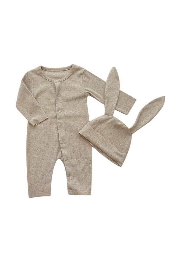 Baby Boys Girls Bunny Outfit My First Easter Outfits Ribbed Button Down Jumpsuit Romper With Long Bunny Ear Hat Soft Dailywear, Khaki, 6-12 Months