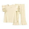 thumbnail image 1 of MEZZALL Baby Boys Girls Clothes Solid Color Cotton Short Sleeve Knitted Ribbed Shirt Flared Pants Set Outfits Versatile Toddler Dailywear, Beige, 3-4 Years, 1 of 7