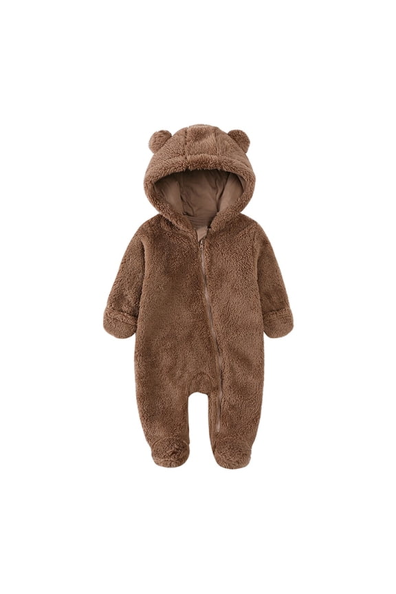 Baby Boys Girls Snowsuit Winter Coat Solid Color Bear Warm Hooded Footed Romper Jumpsuit Onesie Comfort Newborn Dailywear, Coffee, 6-9 Months