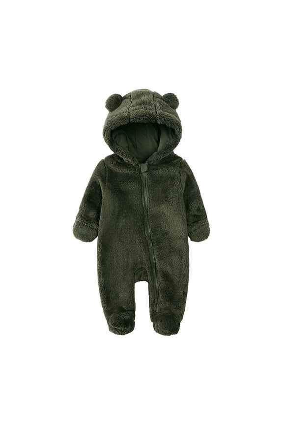 Baby Boys Girls Snowsuit Winter Coat Solid Color Bear Warm Hooded Footed Romper Jumpsuit Onesie Trendy Dailywear, Army Green, 3-6 Months