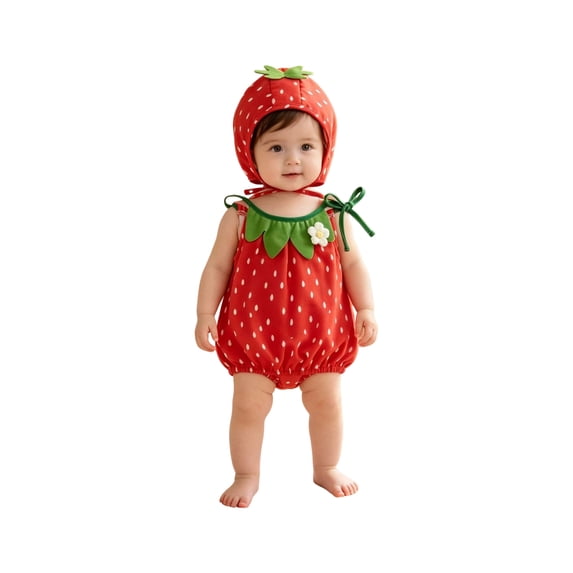 MEZZALL Baby Cute Girls Strawberry Romper with Hat Sleeveless Strawberry Outfit for Halloween Party Photo Relaxed Fit Clothes Sets