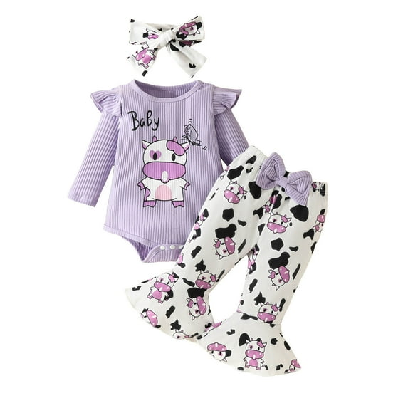 MEZZALL Baby Girl Cow Print Long Sleeve Outfit Cow Clothes for Girls Baby Bell Bottom Outfit