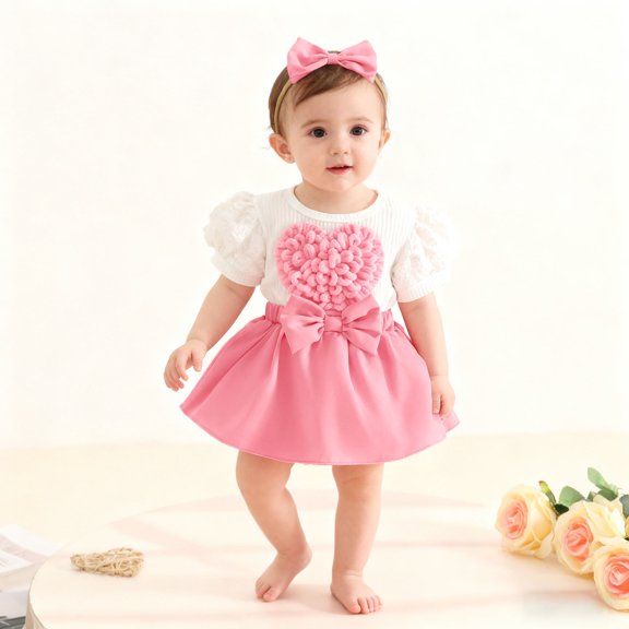 MEZZALL Baby Girl Valentine's Day Onesie 3D Heart Sleeve Bow Tie Romper Jumpsuit Dress With Headband Toddler Photo Breathable O-Neck Spring Child One-Pieces