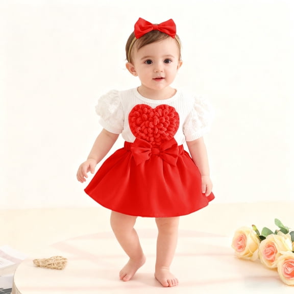 MEZZALL Baby Girl Valentine's Day Onesie 3D Heart Sleeve Bow Tie Romper Jumpsuit Dress With Headband Toddler Photo Leisure O-Neck Spring Child One-Pieces